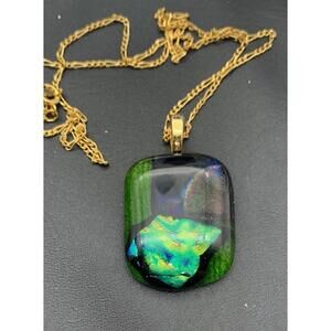 Vintage Gold Tone Chain Necklace With A Dichroic Fused Glass Pendant